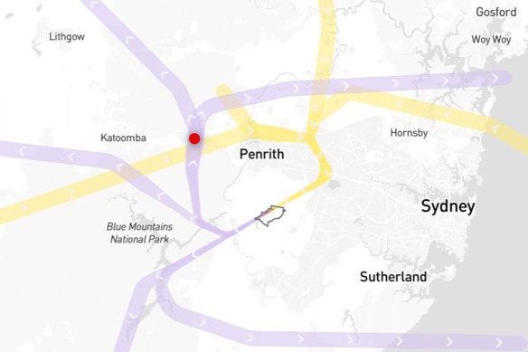 Linden (marked in red) is at the convergence of departure and arrival flight paths.