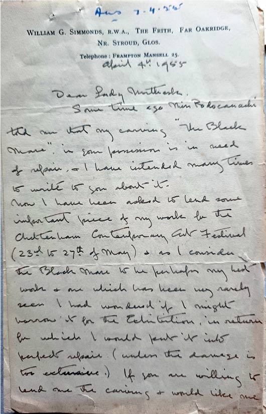A letter between Simmonds and the Countess Northesk about The Black Mare. © Chorley's Auctioneers