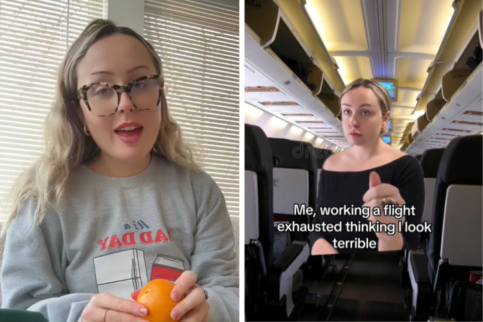 L: Flight attendant holding an orange. R: Flight attendant green screened onto a plane for a TikTok skit